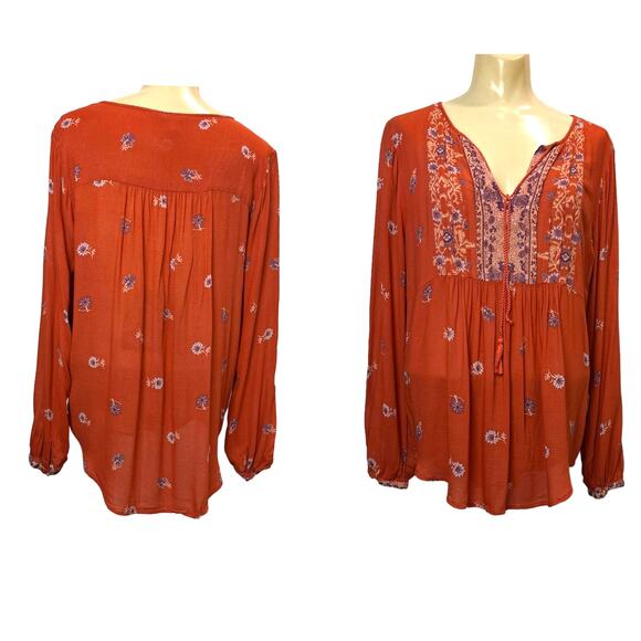 LUCKY BRAND  Rust Color Paisley Baby Doll Style Blouse  M - Picture 1 of 8